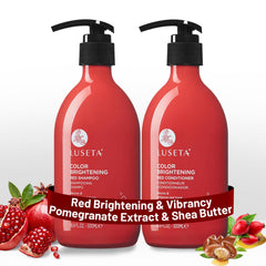 L LUSETA duo shampoing rouge et après-shampoing, bouteilles visibles, reflets cuivre prometteurs.