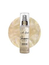 L.A. Girl Shimmer Spray: botella dorada con brillo glamoroso para piel.