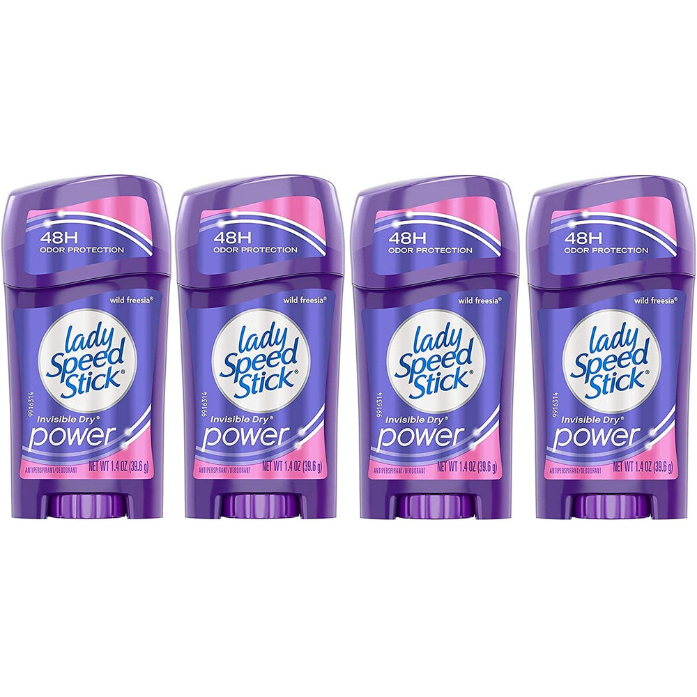 Lady Speed Stick Invisible Dry con Wild Freesia, empaque pack de cuatro, protección y fragancia todo el día.