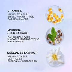 Lancôme UV Expert Defense, ingredientes clave Vitamina E y moringa para piel cuidada.