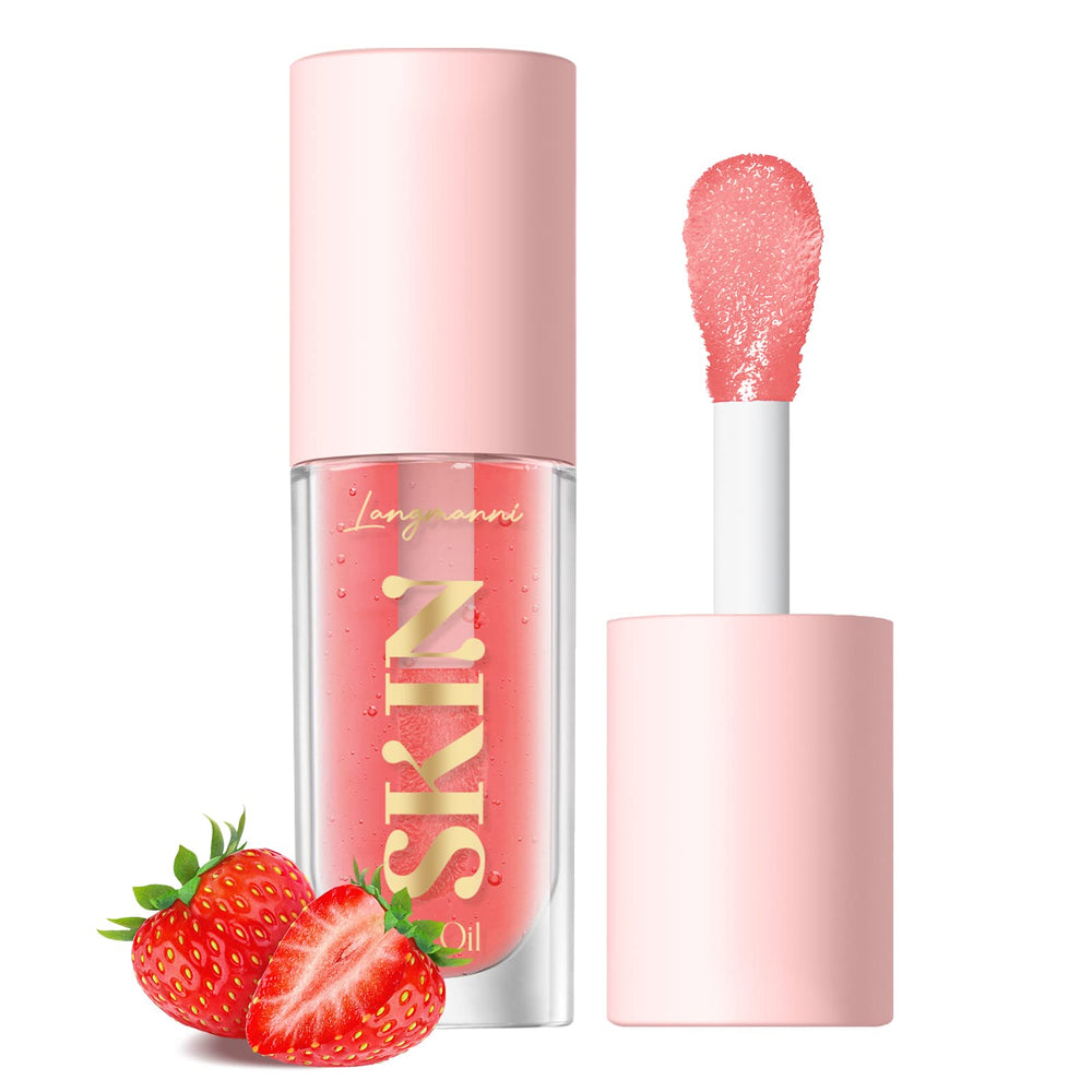 Langmanni Aceite Labial, envase transparente, brillo inmediato y nutrición para los labios.
