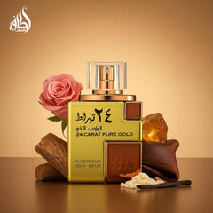 Lattafa 24 Carat Gold rose-sandalwood heart notes, soft floral character with depth.