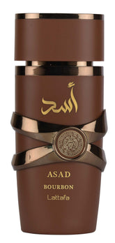 Lattafa Asad Bourbon, botella frontal, sofisticación para uso diario