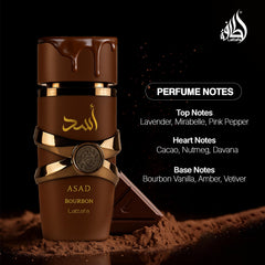 Lattafa Asad Bourbon, notas de corazón cacao y nuez moscada, profundidad aromática