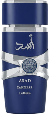 Lattafa Asad Zanzibar, botella frontal, aroma duradero y fresco para uso diario.