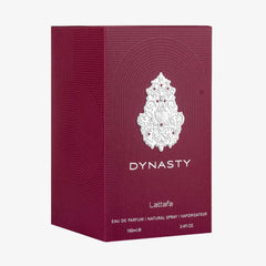 Lattafa Dynasty - detalle de cierre, acabado refinado para regalos.
