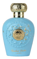 Lattafa Opulent Dubai, botella dorada, aroma duradero para uso diario.