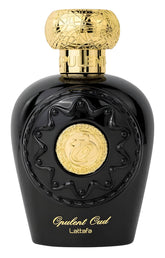 Lattafa Opulent Oud, botella frontal, aroma envolvente para cualquier ocasión.
