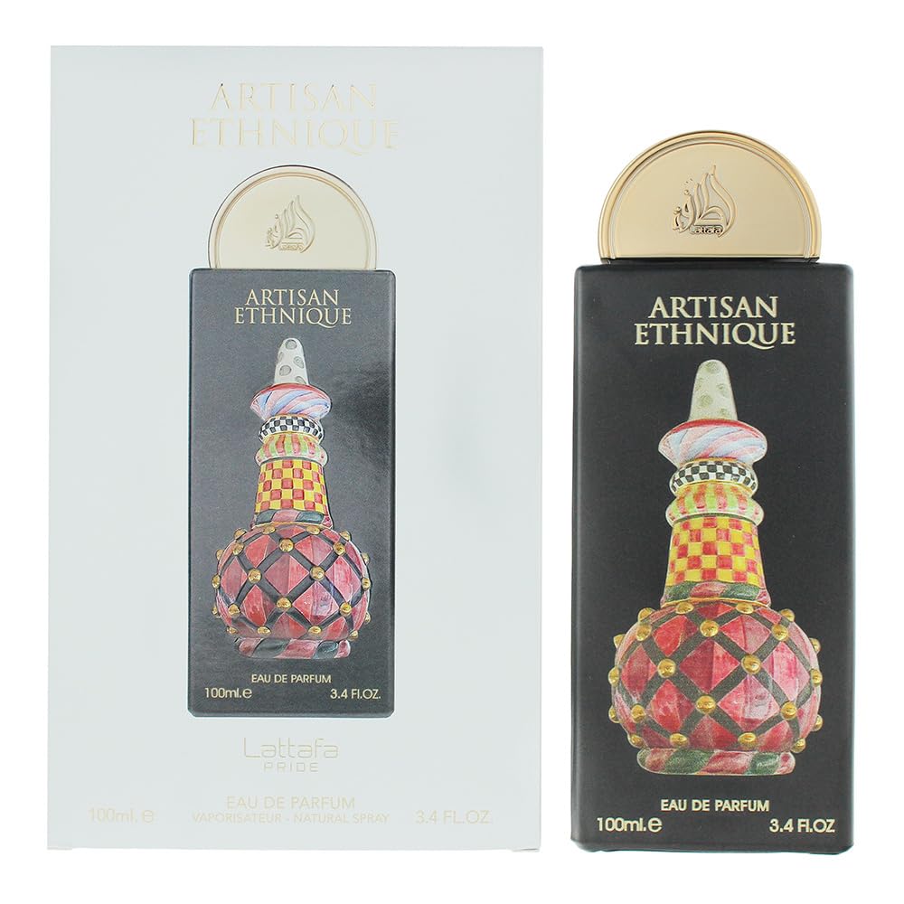Lattafa Pride Artisan Ethnique: botella vertido, aroma versátil para uso diario y eventos.