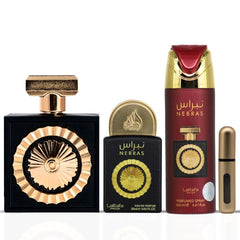 Lattafa Pride Nebras empaque elegante en set regalo para ocasiones especiales.