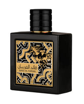 Lattafa Qaed Al Fursan, botella de perfume, presentación elegante para ocasiones.