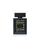 Lattafa Rave Now frasco geométrico negro, aroma duradero para ocasiones formales.
