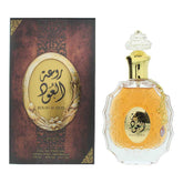 Lattafa Rouat Al Oud, botella frontal destaca diseño elegante para uso diario.