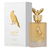 Lattafa Shaheen Gold bottle close-up for a luxurious unisex scent.