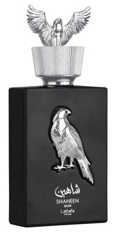 Lattafa Shaheen Silver: vista frontal de la botella, sensación de lujo para uso diario.