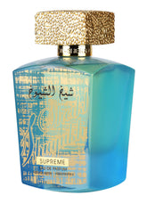 Lattafa Sheikh Al Shuyukh Supreme, botella frontal, aroma intenso ideal para cenas elegantes.