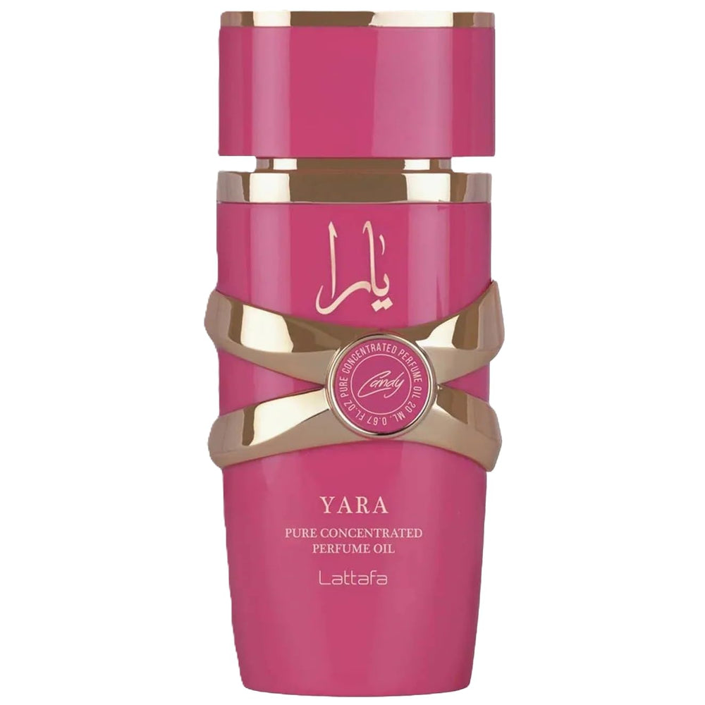 Lattafa Yara Candy: botella con diseño compacto, ideal para llevar y probar en cualquier momento.