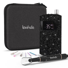 Lavinda broca eléctrica con cristales negros, diseño elegante y precisión.