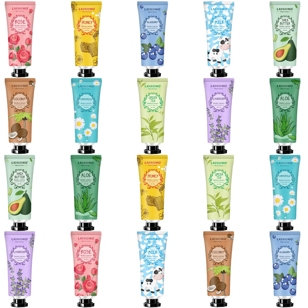 Layhomo 20-pack mini body lotion set with assorted fragrances for daily moisture.
