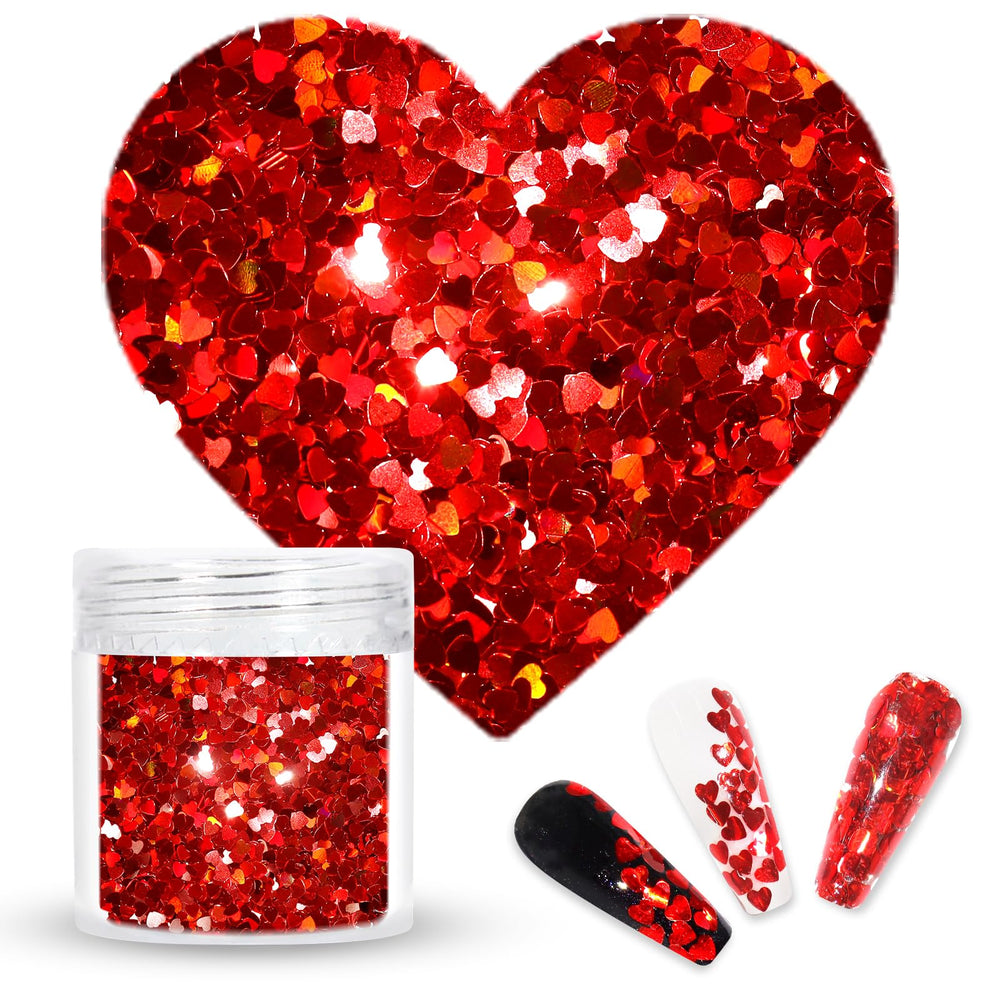 Laza purpurina gruesa en forma de corazón rojo dentro de la botella, brillo para uñas