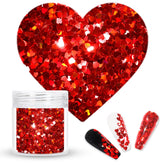 Laza purpurina gruesa en forma de corazón rojo dentro de la botella, brillo para uñas