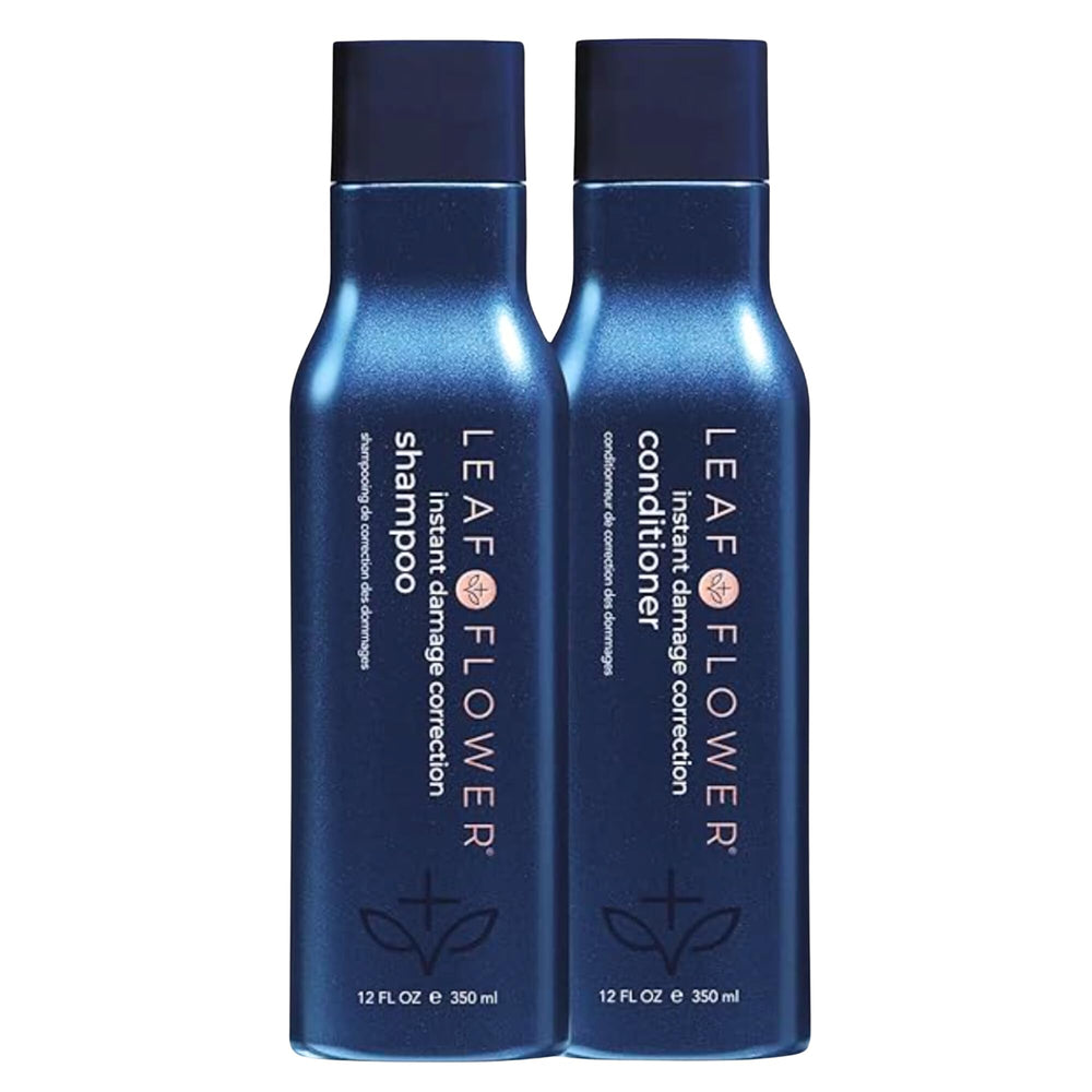 Leaf & Flower duo shampoing et après-shampoing, emballage bleu, soin en douceur.