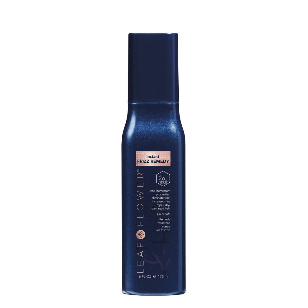Leaf & Flower Remède Instant Antifrizz, bouteille en action: combat l'humidité et démêle les cheveux.