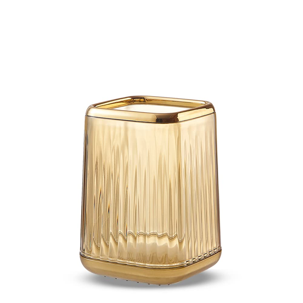 Lebenrich contenedor de cepillos de maquillaje acrílico dorado estriado para tocador.