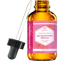 Leven Rose Sea Buckthorn oil bottle on shelf for skin and hair hydration.
