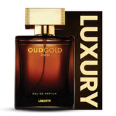 Liberty Oud Árabe Perfume frasco elegante para hombre con aroma intenso.