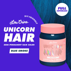 Lime Crime Unicorn Hair Blue Smoke durante la aplicación en cabello.