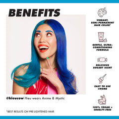 Lime Crime Unicorn Hair Dye Anime Candy Blue, color azul intenso en el cabello.
