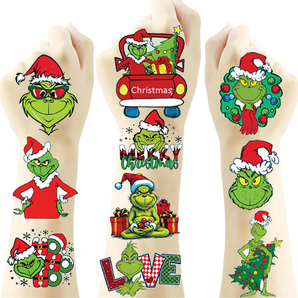 Tatuajes temporales de LINGSANBOLE con monstruo verde para Navidad, fáciles de aplicar