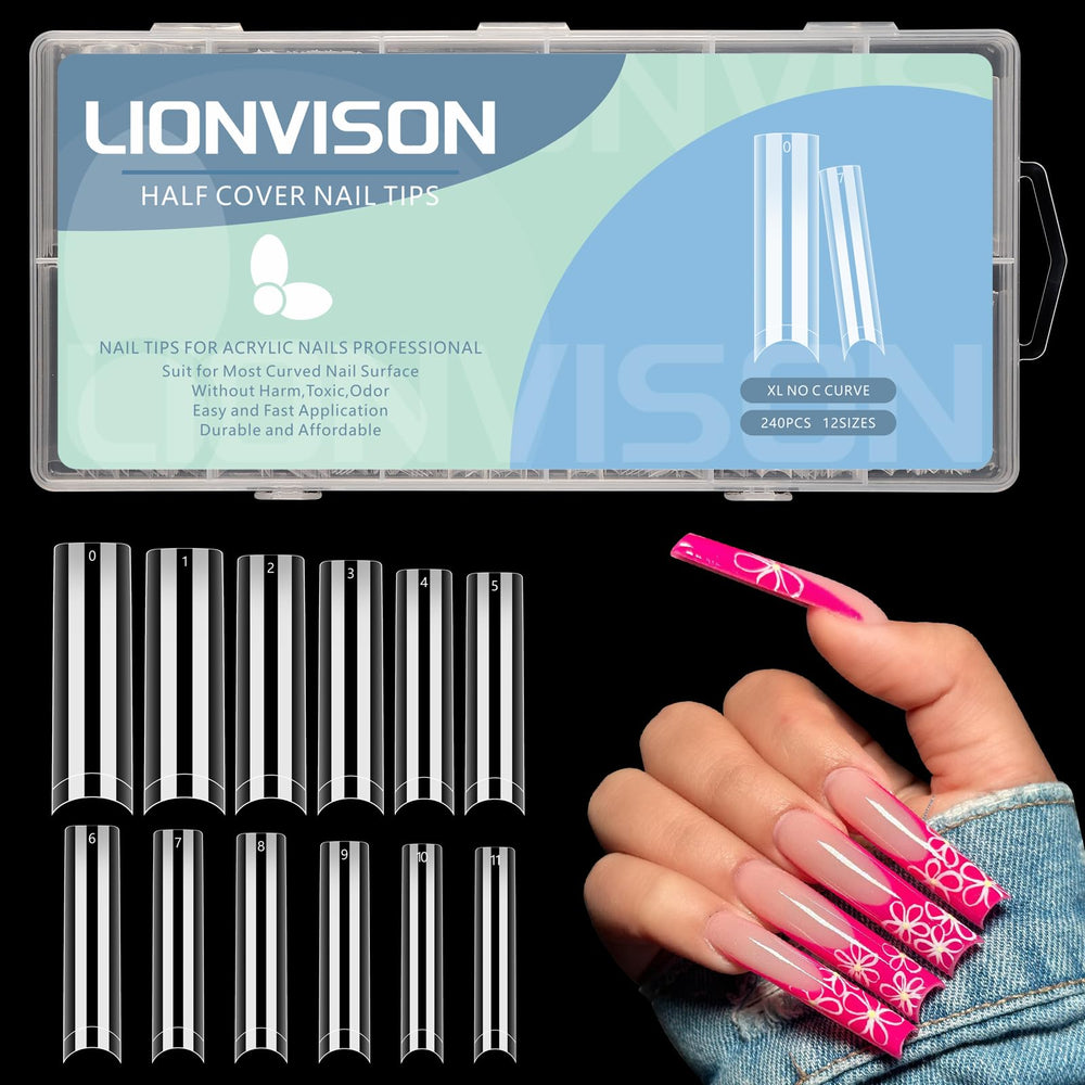LIONVISION tips uñas cuadradas sin curva XXL dentro de una caja para almacenamiento práctico
