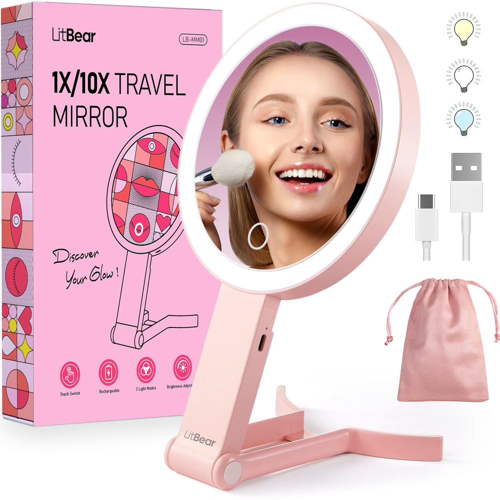 LitBear Espejo de maquillaje de viaje con luces para retoques en cualquier lugar