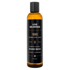 Live Bearded 1880 Wash: botella visible para limpieza suave de cara y barba.