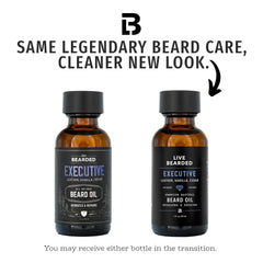Live Bearded beard oil label closeup shows Executive Scent cedar vanilla.