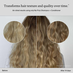 Living Proof No Frizz Shampoo, etiqueta destacada, explica su fórmula suave.
