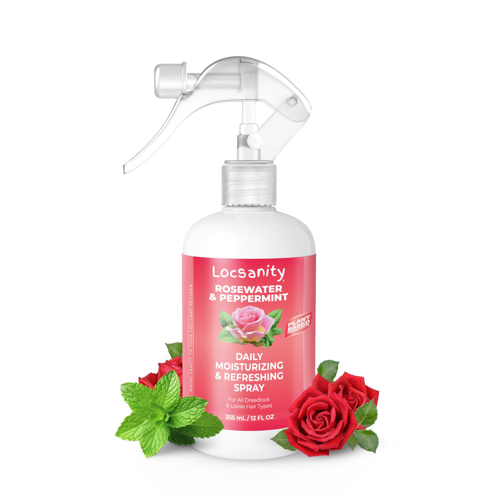 Locsanity: botella de spray rosas y menta para hidratación diaria de locs.