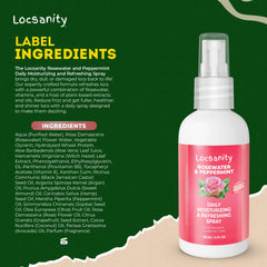 Locsanity Rosewater Peppermint spray closeup highlights natural ingredients and antioxidants.