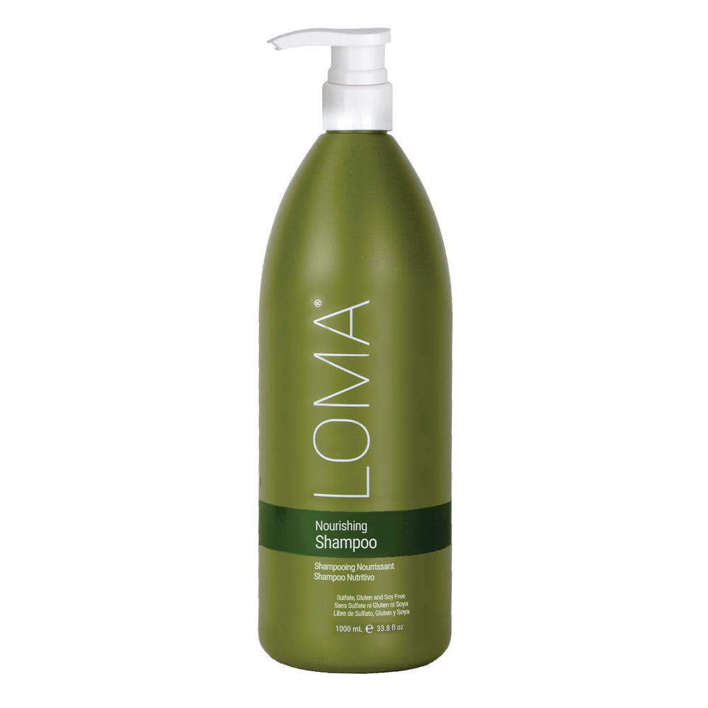 Shampoing nourrissant Loma en bouteille, hydrate intensément les cheveux.
