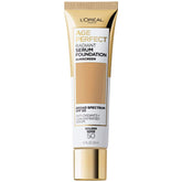 L'Oreal Paris Age Perfect Radiant Serum Foundation con SPF 50 en bote para cobertura ligera y luminosa