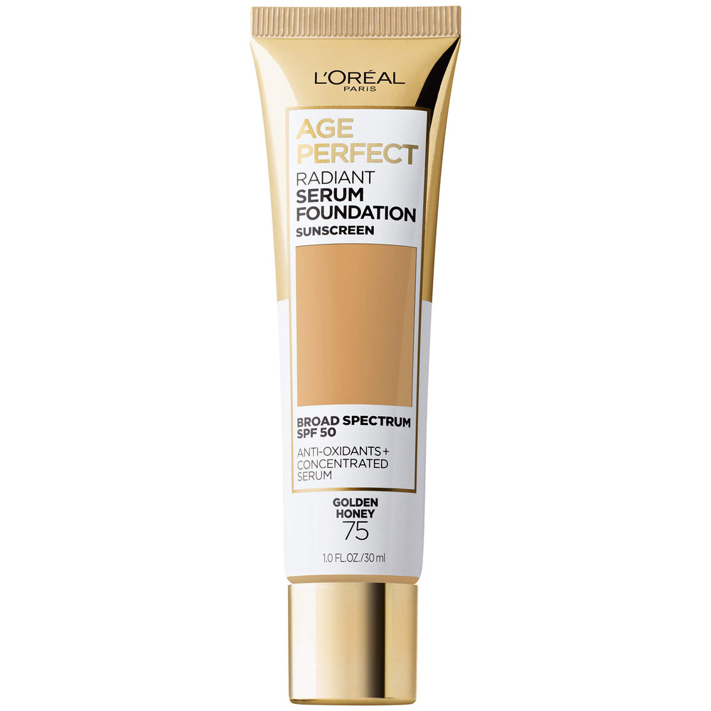 L'Oréal Paris Age Perfect Serum Radiant Foundation, botella con acabado suave y SPF 50.