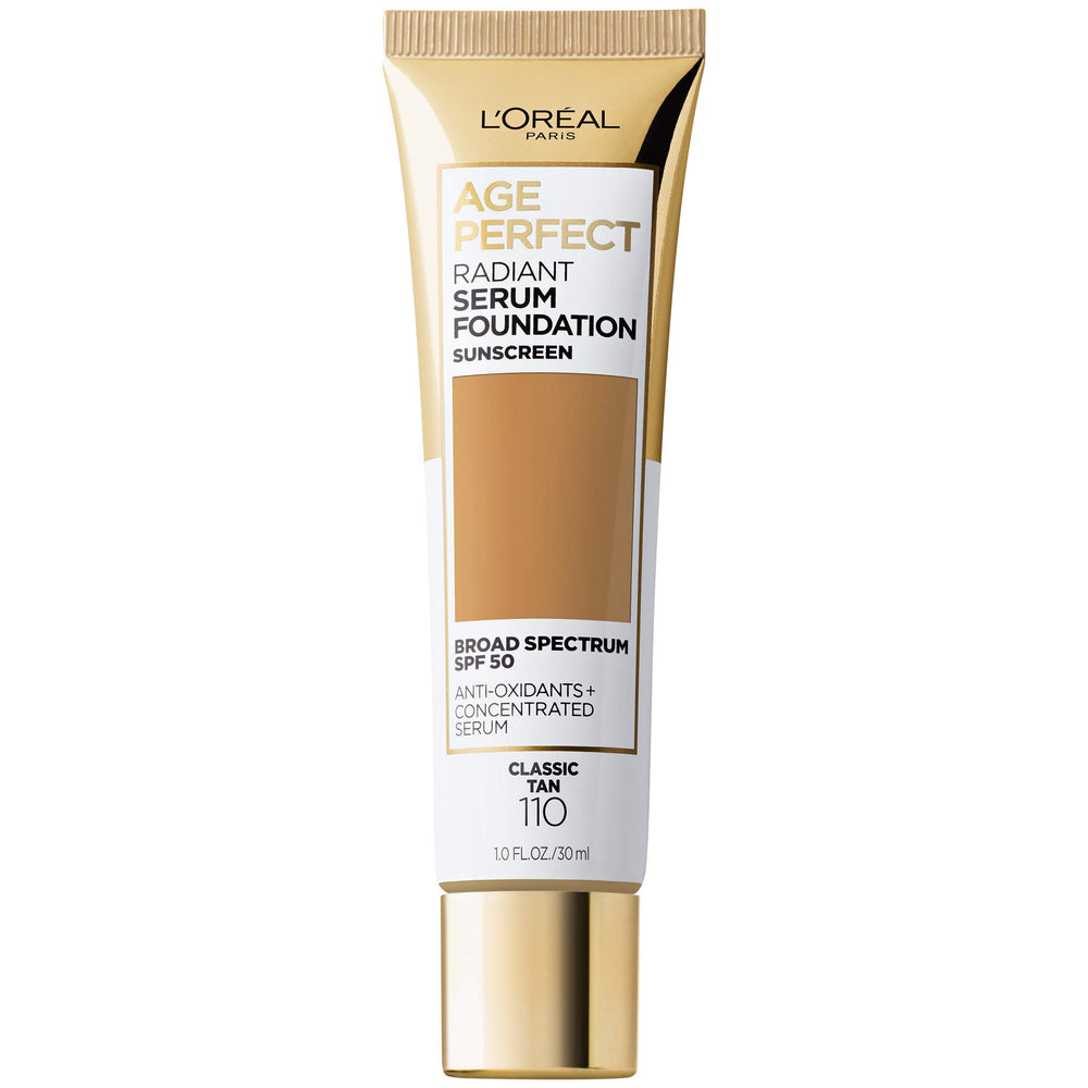 L'Oréal Paris Age Perfect Radiant Serum Foundation, botella en tono bronce clásico para piel madura.