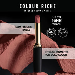 L'Oréal Paris Color Riche Intenso Volumen Mate Barra de Labios Le Nude Rebellious, muestra de color en piel