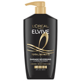 L'Oreal Paris Elvive Total Repair botella con textura cremosa para cabello dañado.