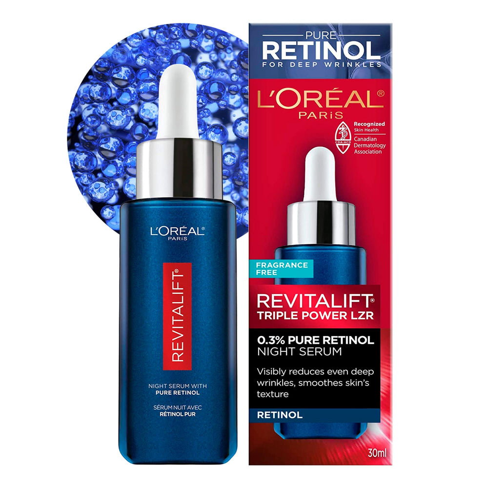 Flacon-serum Nuit de L’Oréal Paris Revitalift Triple Power LZR pour l’hydratation nocturne.