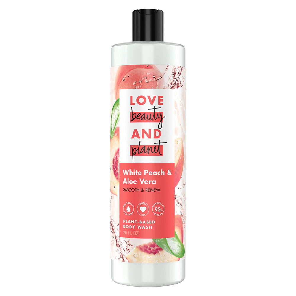 Love Beauty And Planet, botella derramando, experiencia de ducha suave y aromática.