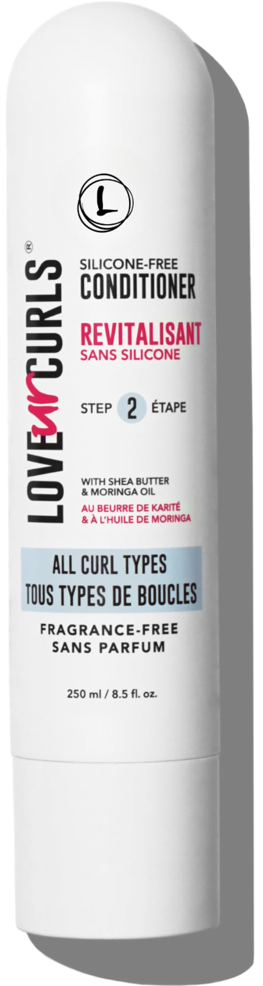 Love Ur Curls fragrance-free conditioner bottle top view, gentle detangler for sensitive scalp.
