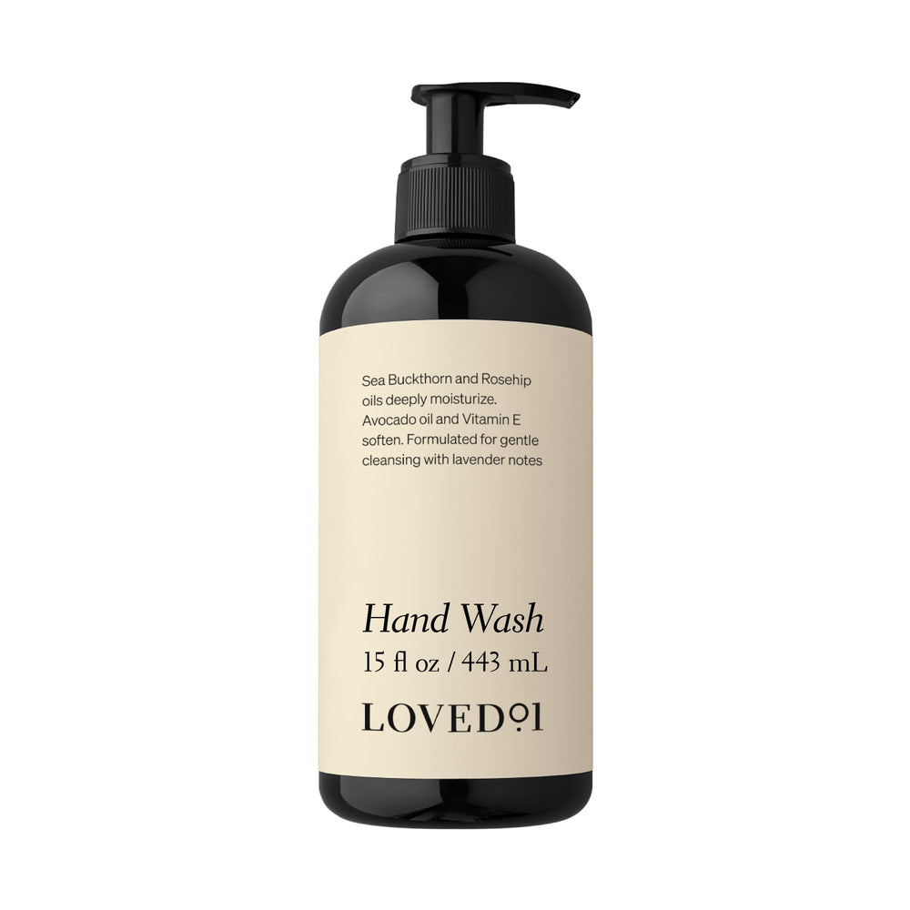 Loved01 Hand Wash bottle front shows hydrating formula for daily cleansing